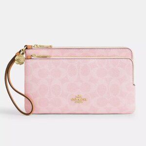 Coach CEF61 Double Zip Wristlet In Signature Canvas With Charms Powder Pink NWT
